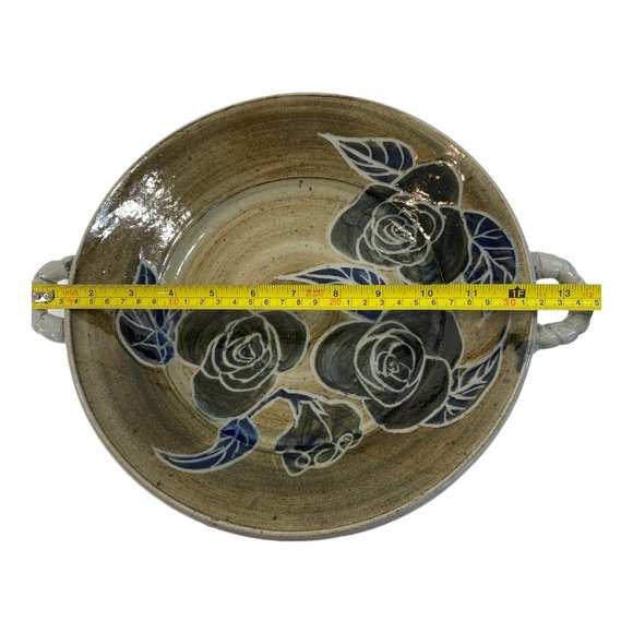 Hand Thrown Stoneware Pottery Glazed Bowl Signed by Artist Floral 11"W Handmade - Picture 12 of 13